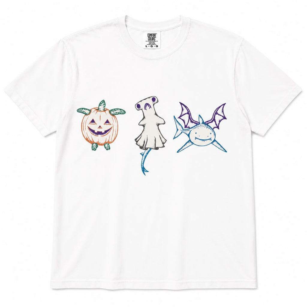 Cute Halloween Trio Graphic T-Shirt | Pumpkin Ghost Bat Shirt | Spooky Season Unisex Tee