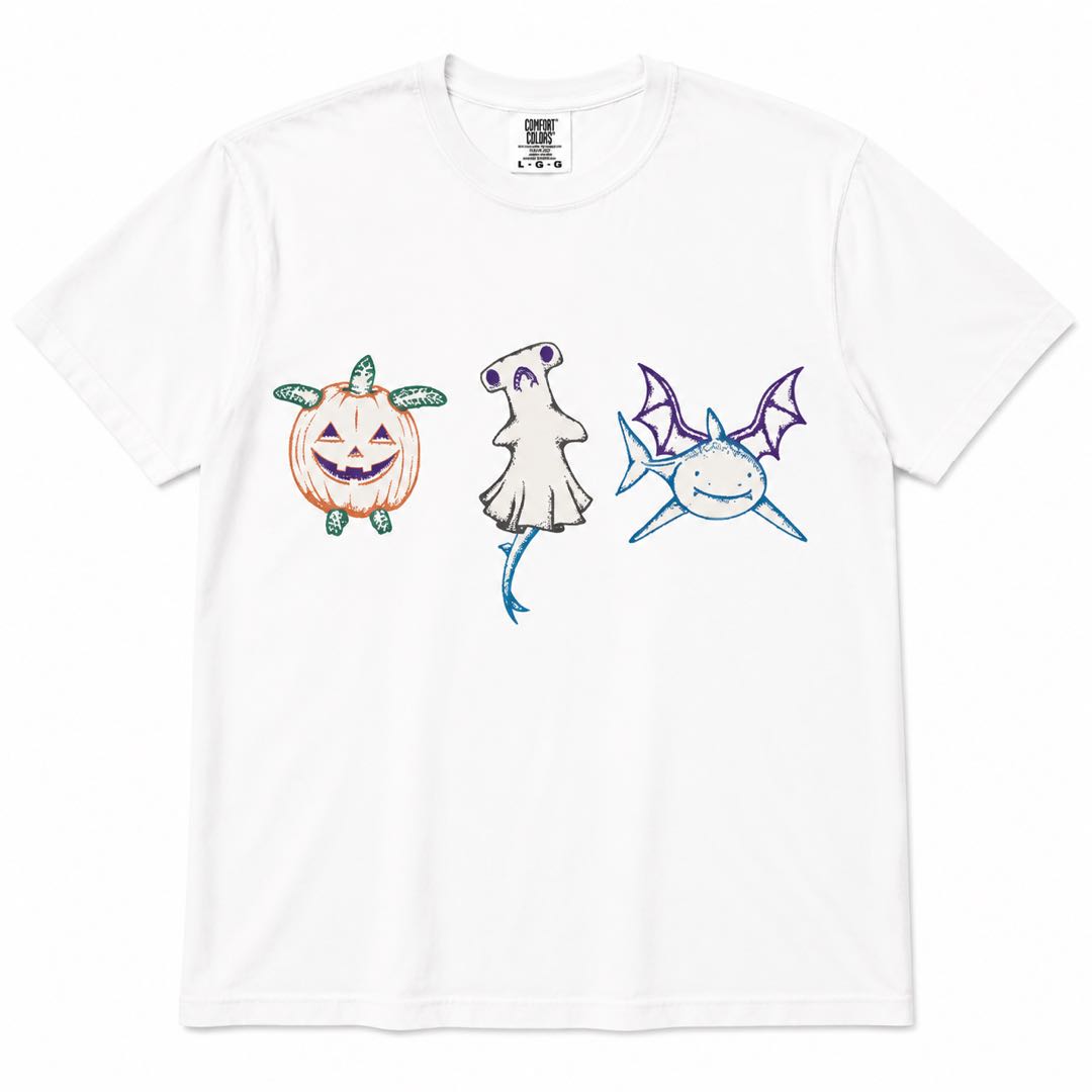 Cute Halloween Trio Graphic T-Shirt | Pumpkin Ghost Bat Shirt | Spooky Season Unisex Tee