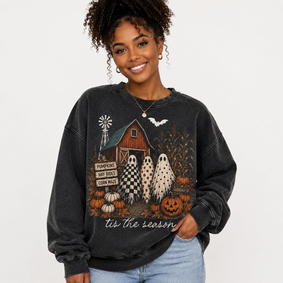 Vintage Ghost Pumpkin Farm Halloween Sweatshirt | Cozy Fall Crewneck | Cute Spooky Season Pullover