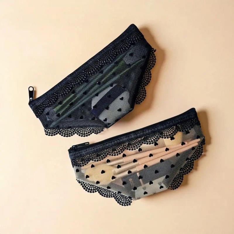 Y2K Panty-Shaped Mesh Makeup Bag – Lace Heart Cosmetic Pouch