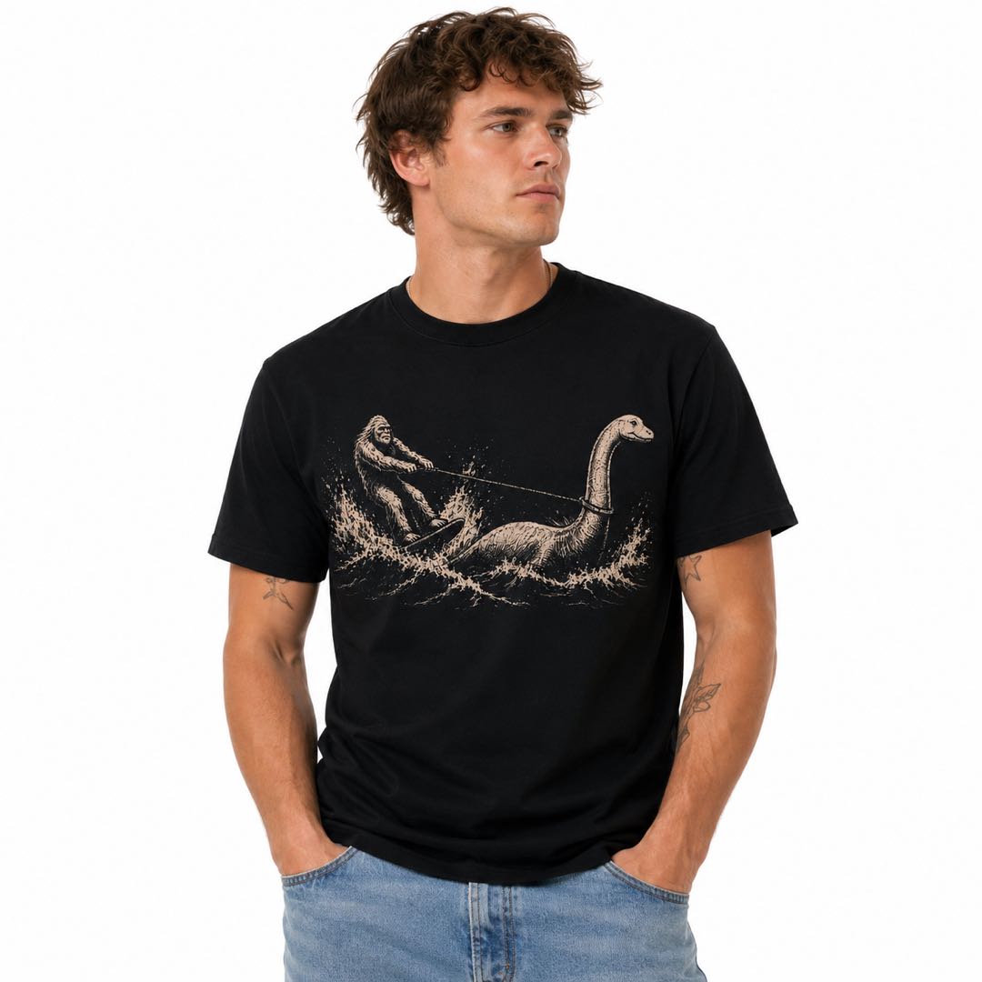 Bigfoot Water Skiing With Nessie Vintage Graphic T-Shirt | Funny Cryptid Adventure Tee