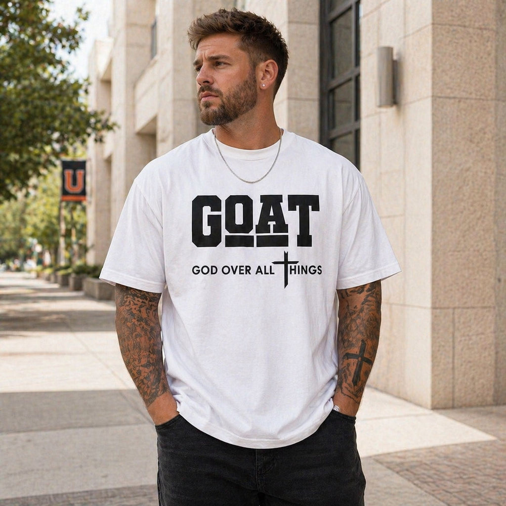 GOAT God Over All Things Faith Graphic Tee front print product photo 04 | Diya Glow