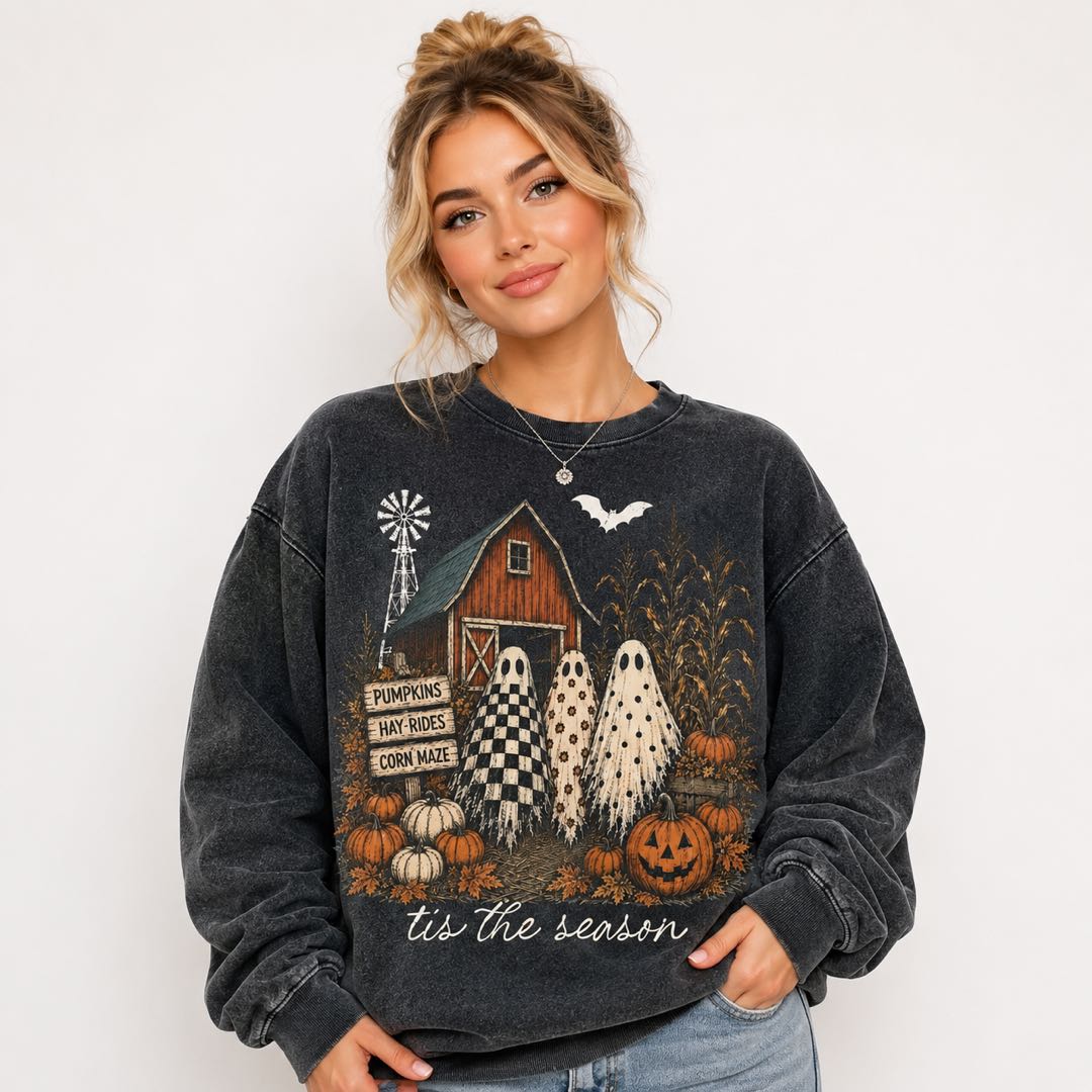 Vintage Ghost Pumpkin Farm Halloween Sweatshirt | Cozy Fall Crewneck | Cute Spooky Season Pullover