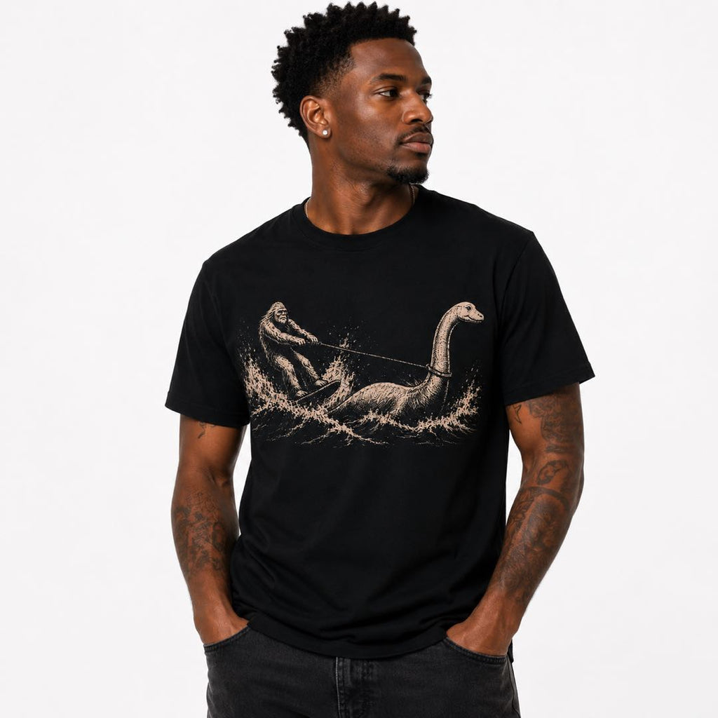 Bigfoot Water Skiing With Nessie Vintage Graphic T-Shirt | Funny Cryptid Adventure Tee