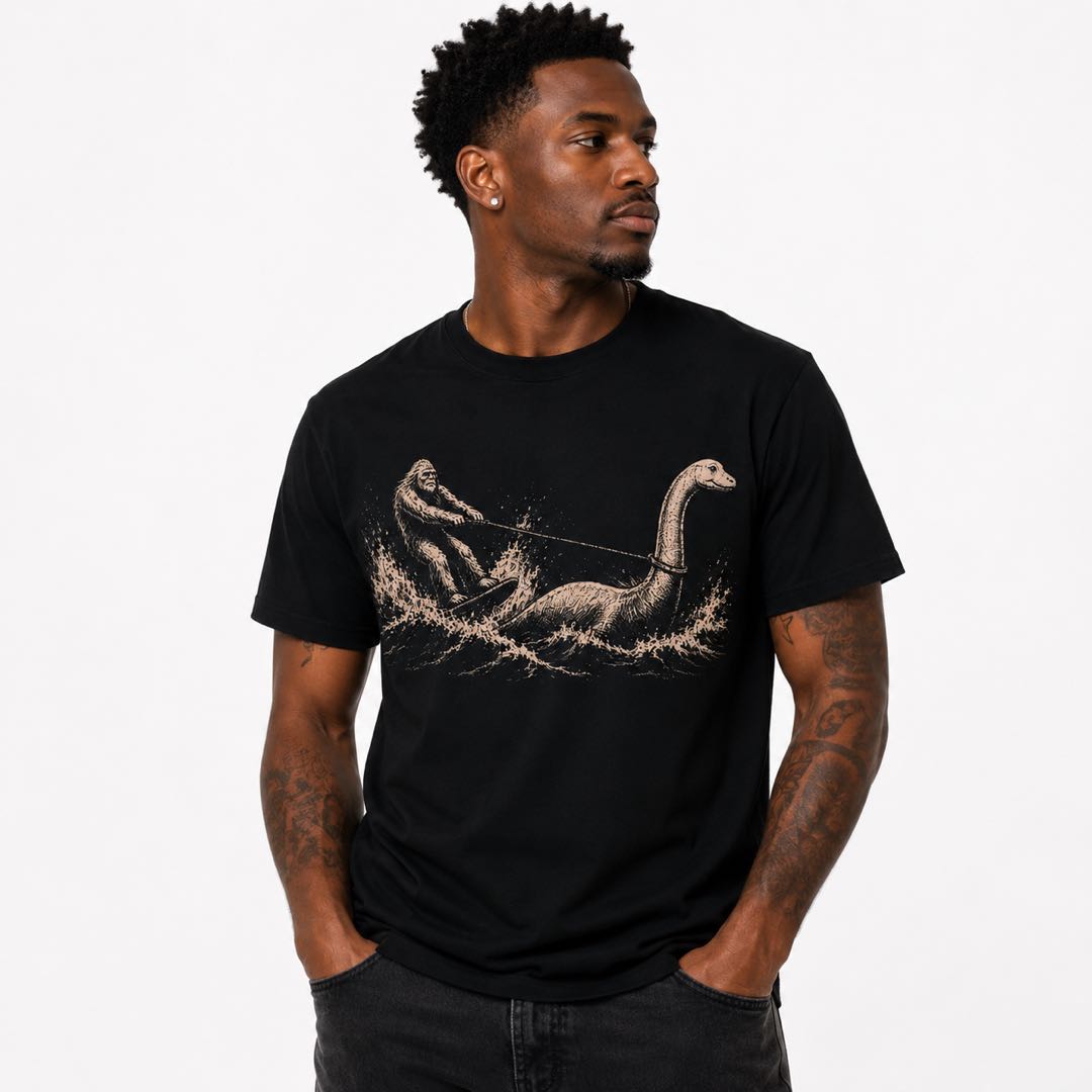 Bigfoot Water Skiing With Nessie Vintage Graphic T-Shirt | Funny Cryptid Adventure Tee
