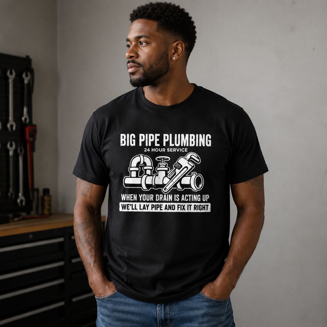 Big Pipe Plumbing Funny Plumber T-Shirt | “We’ll Lay Pipe and Fix It Right” Graphic Tee | Hilarious Tradesman Gift for Plumbers
