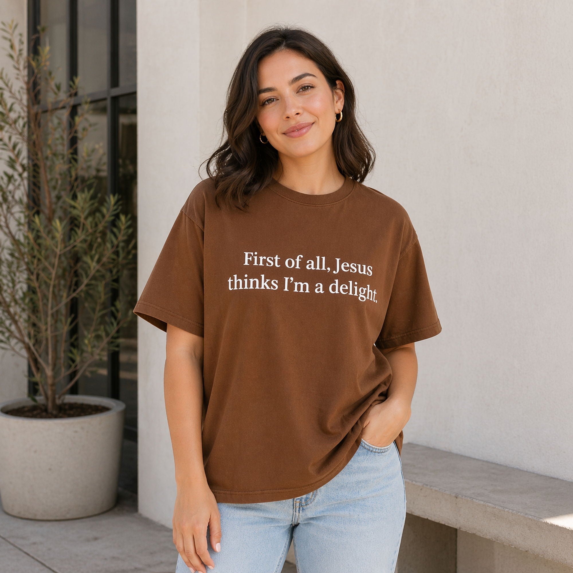First Of All Jesus Thinks I'm A Delight Faith Graphic Tee front print product photo 05 | Diya Glow