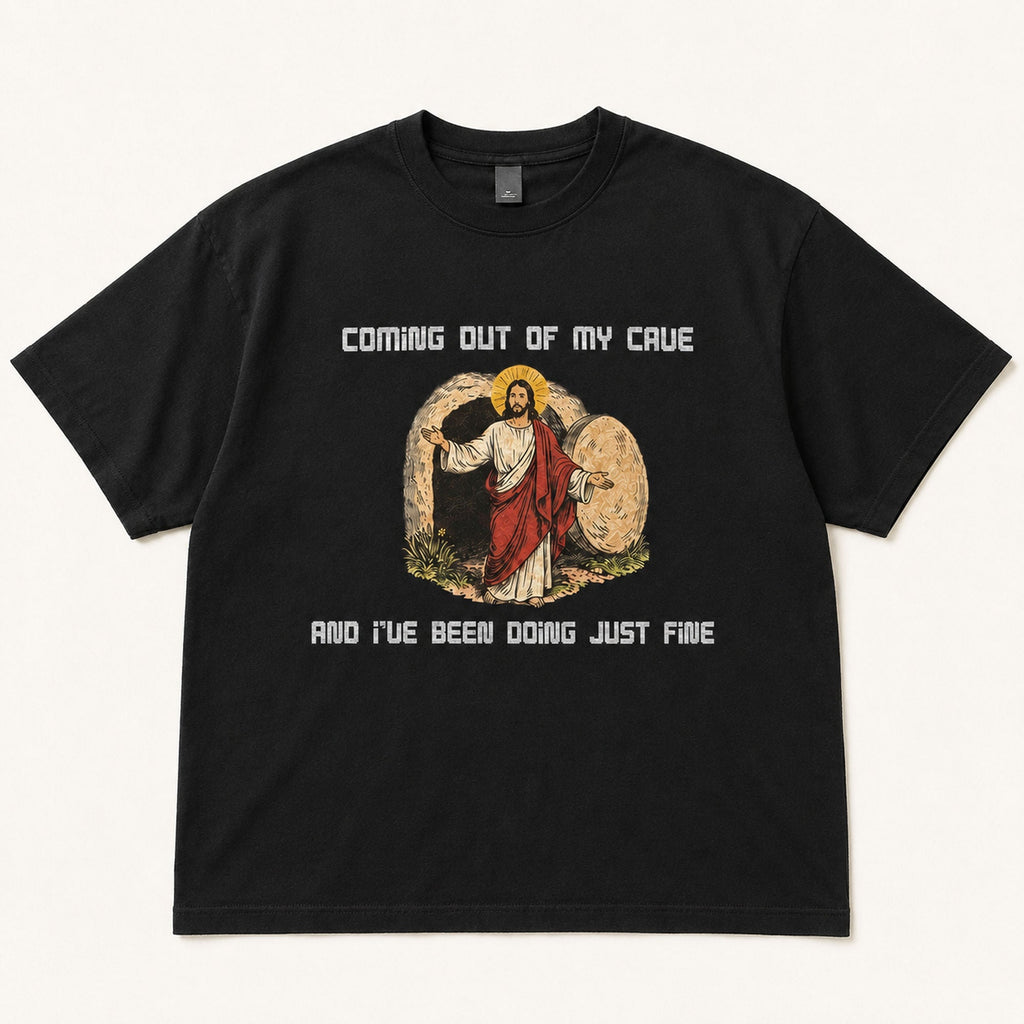 Coming Out Of My Cave Easter Graphic Tee front print product photo 05 | Diya Glow