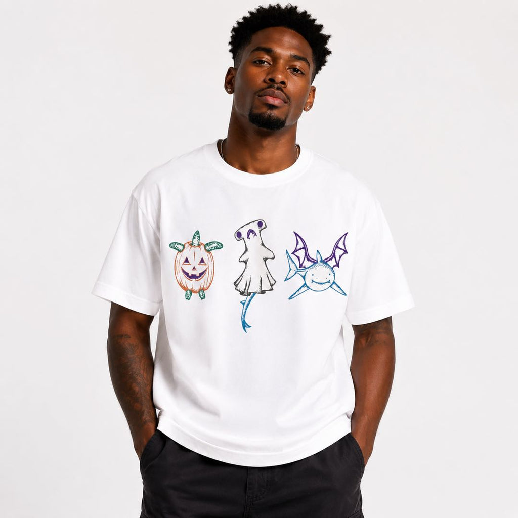 Cute Halloween Trio Graphic T-Shirt | Pumpkin Ghost Bat Shirt | Spooky Season Unisex Tee