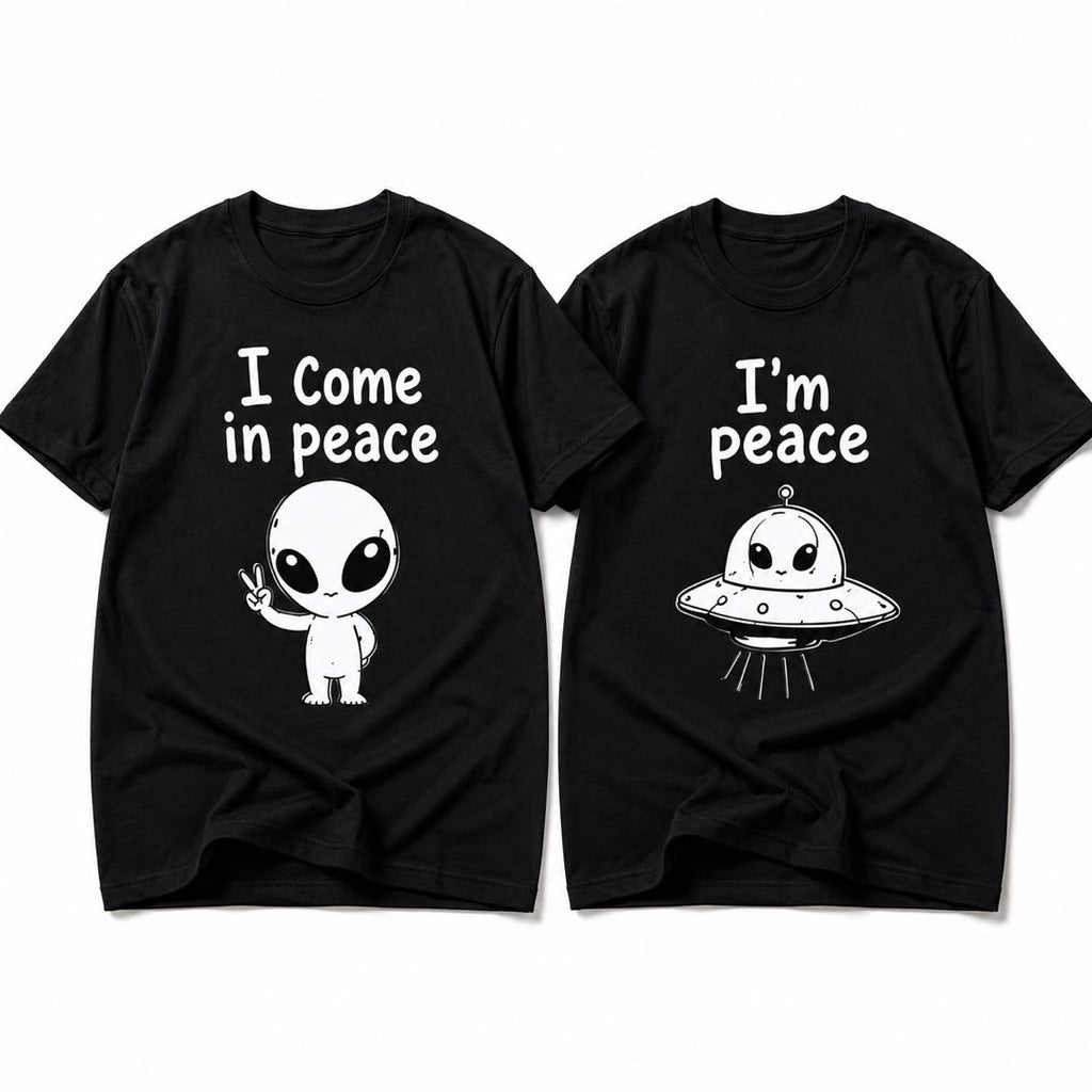 The cutest couple shirt set in the galaxy-I Come In Peace & I’m Peace Matching Couple T-Shirts – Funny Alien Couple Tee Set