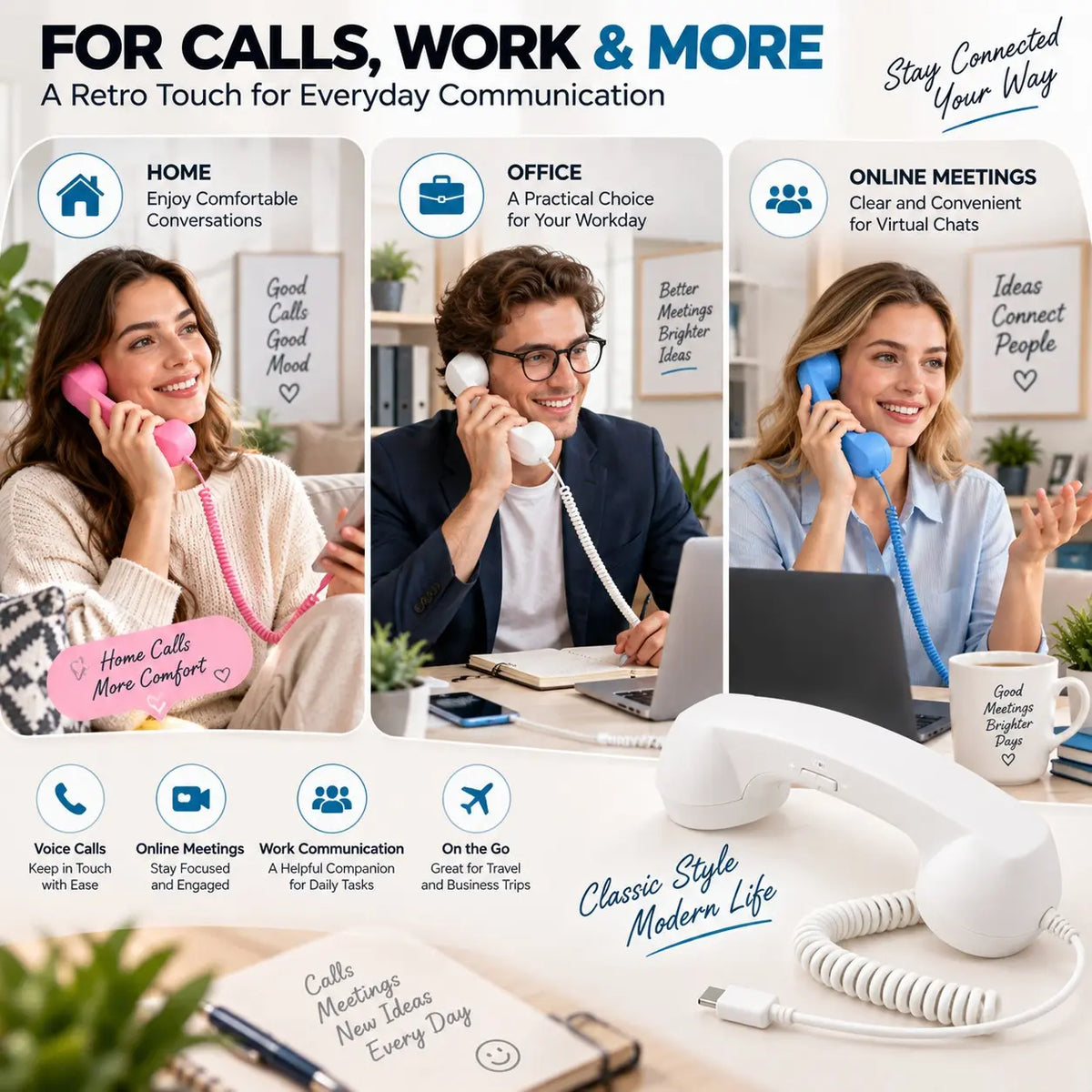 Retro Corded Phone Handset – USB-C / 3.5mm Wired Receiver