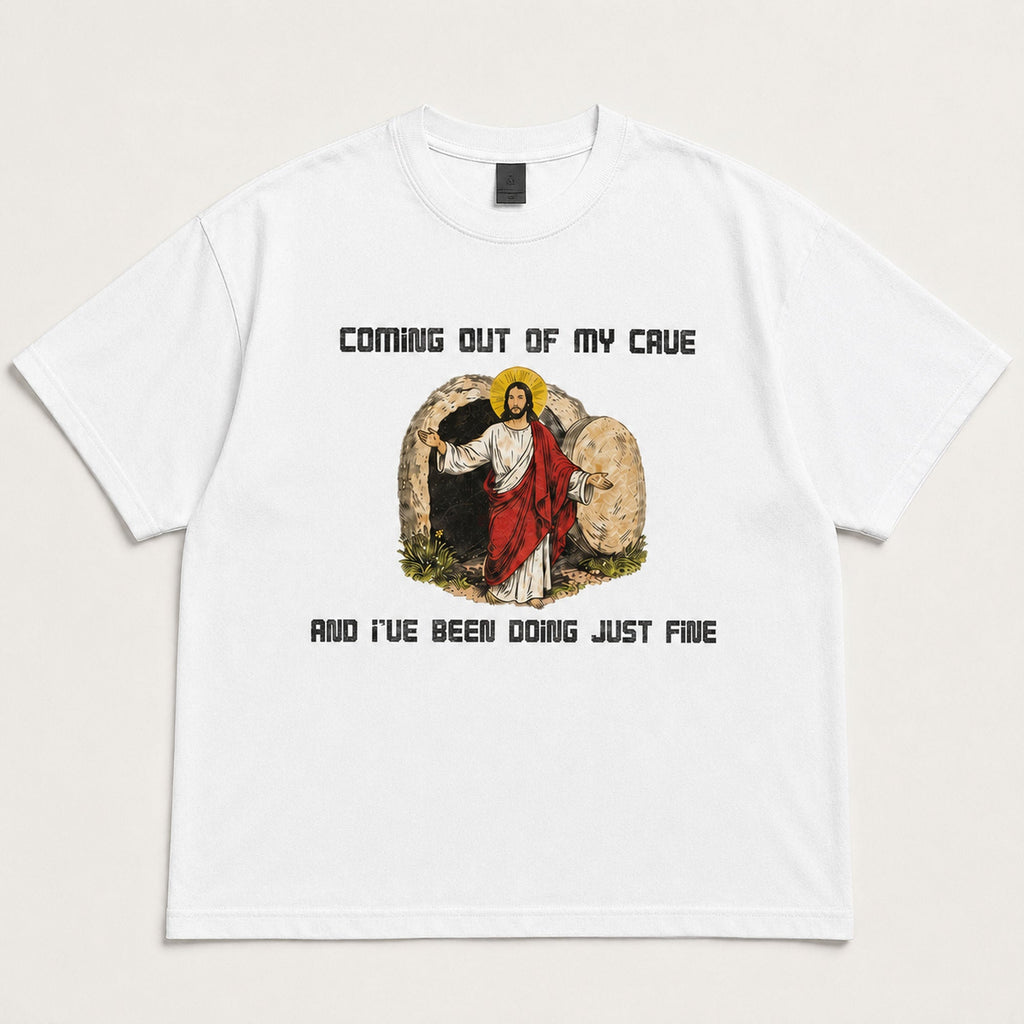 Coming Out Of My Cave Easter Graphic Tee front print product photo 06 | Diya Glow