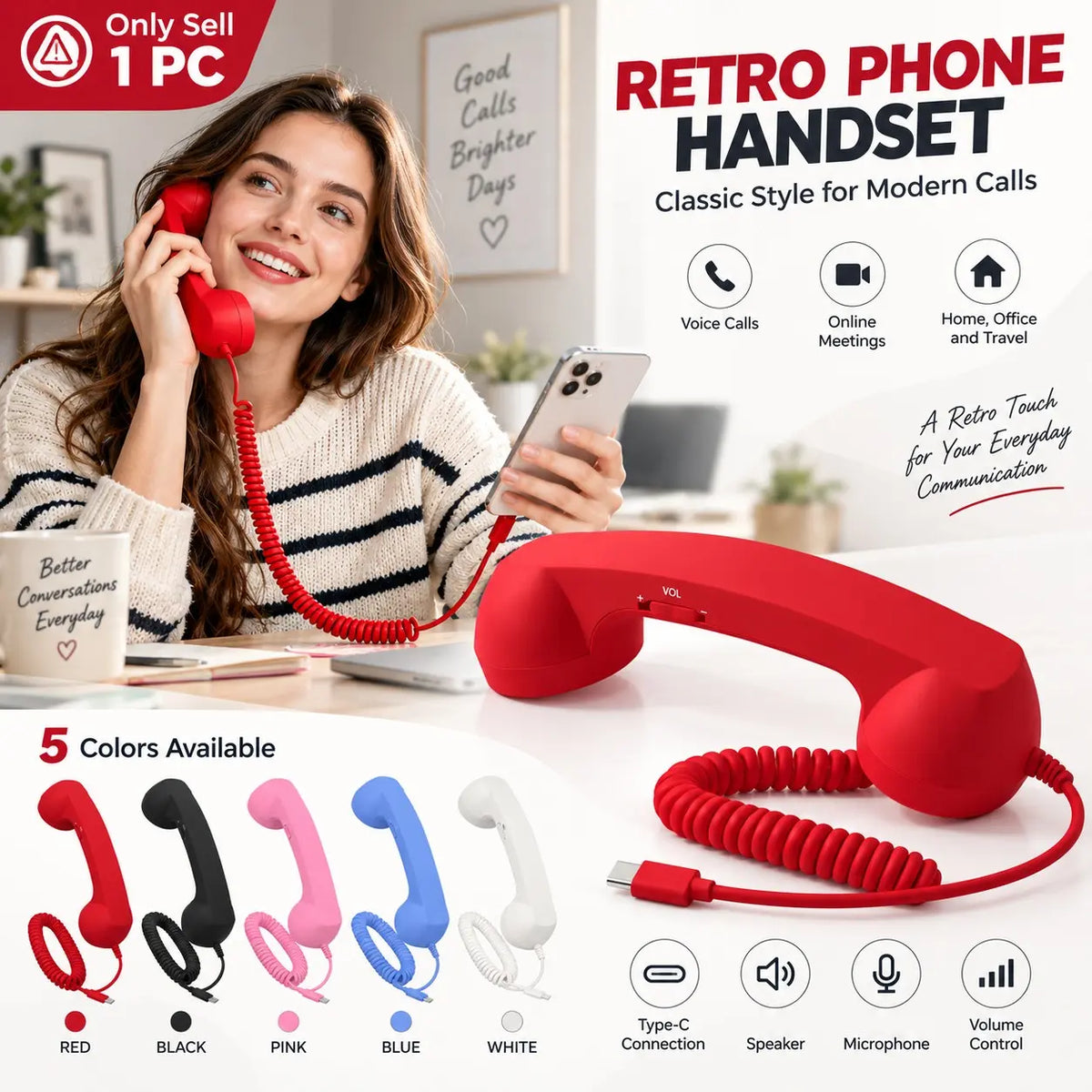Retro Corded Phone Handset – USB-C / 3.5mm Wired Receiver