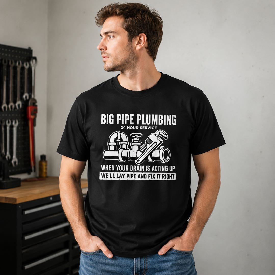 Big Pipe Plumbing Funny Plumber T-Shirt | “We’ll Lay Pipe and Fix It Right” Graphic Tee | Hilarious Tradesman Gift for Plumbers