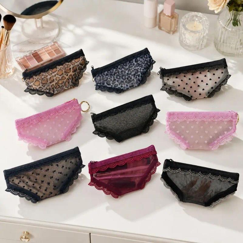 Y2K Panty-Shaped Mesh Makeup Bag – Lace Heart Cosmetic Pouch