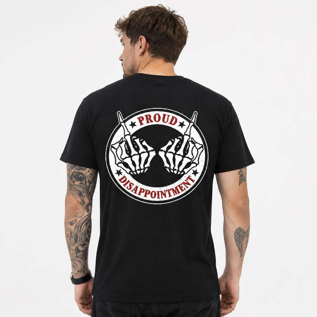 Proud Disappointment Skeleton Hands Back Print T-Shirt | Funny Dark Humor Graphic Tee | Vintage Punk Style Gift