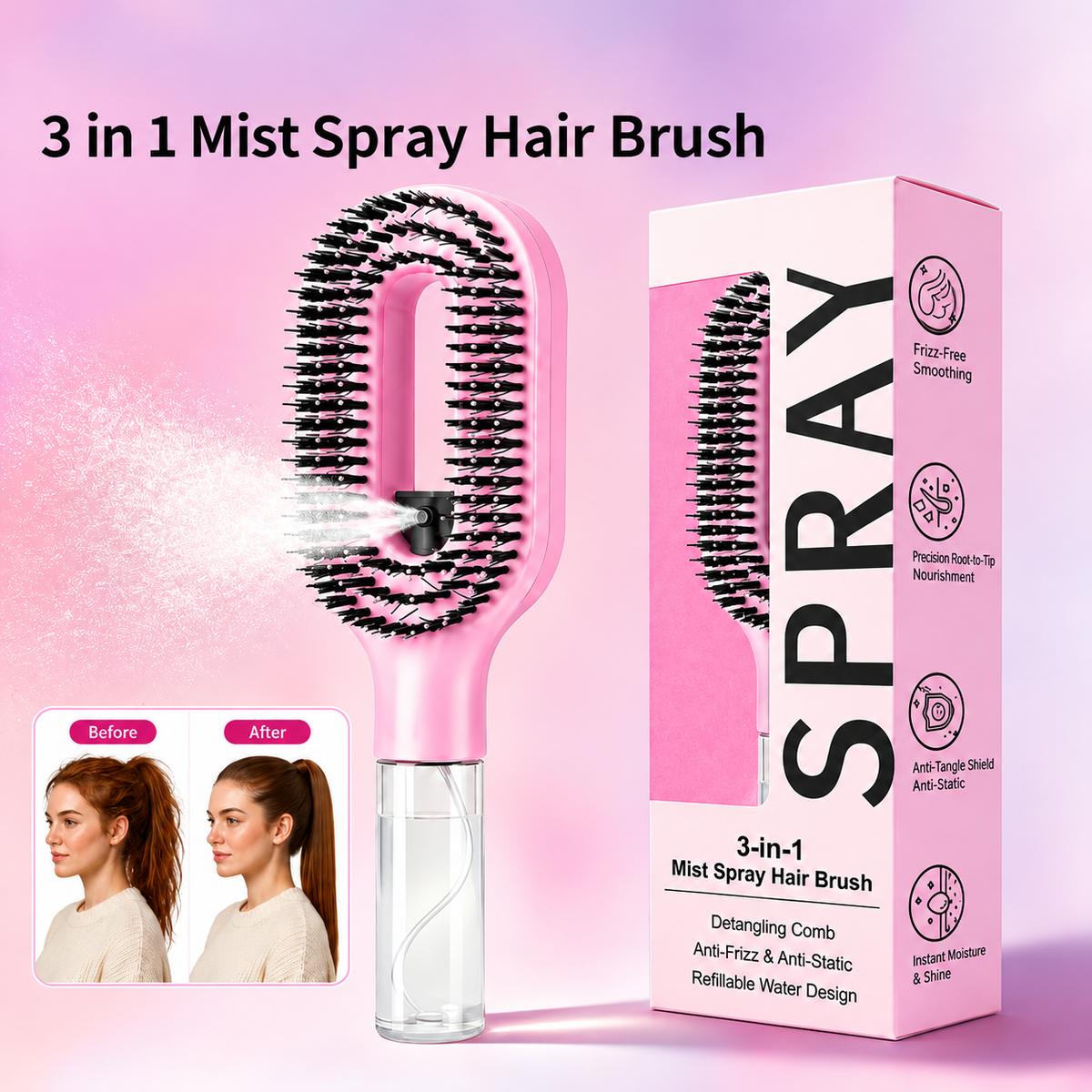 3-in-1 Mist Spray Hair Brush – Detangling & Smoothing Comb