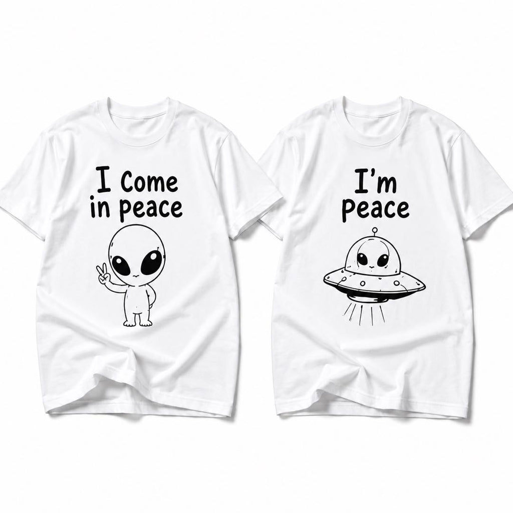 The cutest couple shirt set in the galaxy-I Come In Peace & I’m Peace Matching Couple T-Shirts – Funny Alien Couple Tee Set