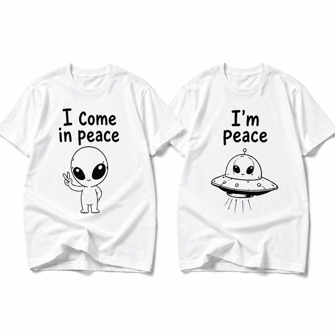 The cutest couple shirt set in the galaxy-I Come In Peace & I’m Peace Matching Couple T-Shirts – Funny Alien Couple Tee Set