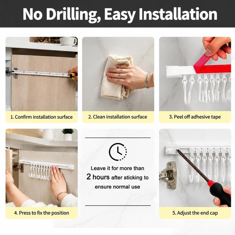 10-Hook Adjustable Sliding Rail Organizer – Adhesive Wall Rack