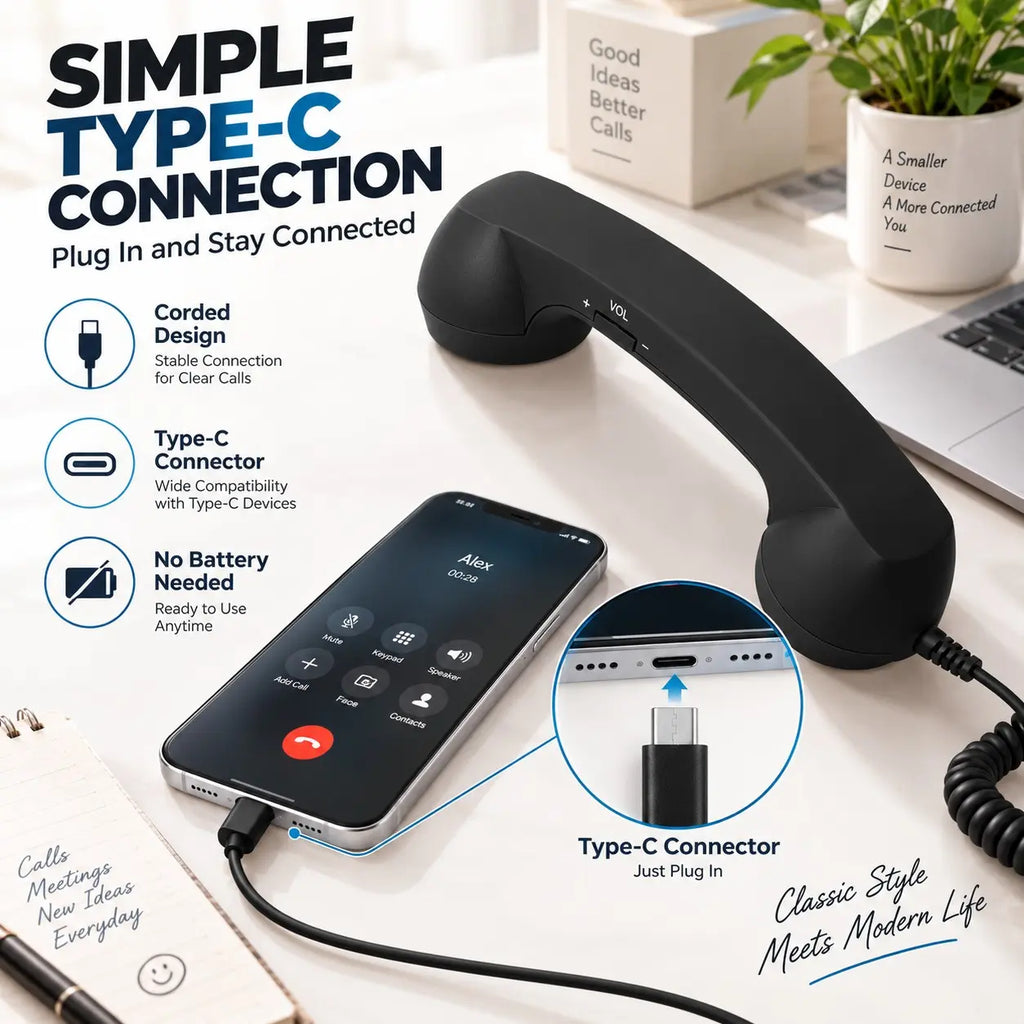Retro Corded Phone Handset – USB-C / 3.5mm Wired Receiver