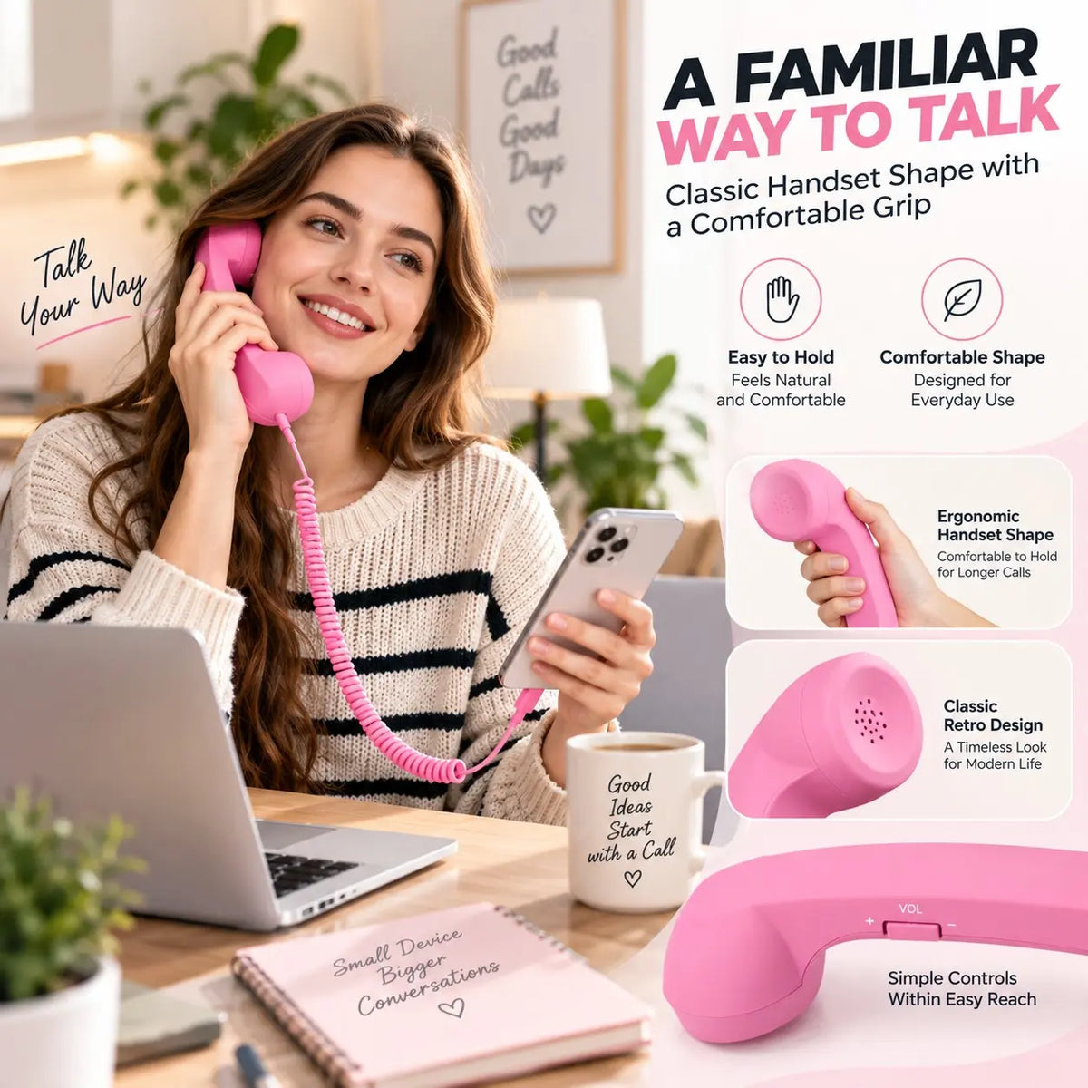 Retro Corded Phone Handset – USB-C / 3.5mm Wired Receiver