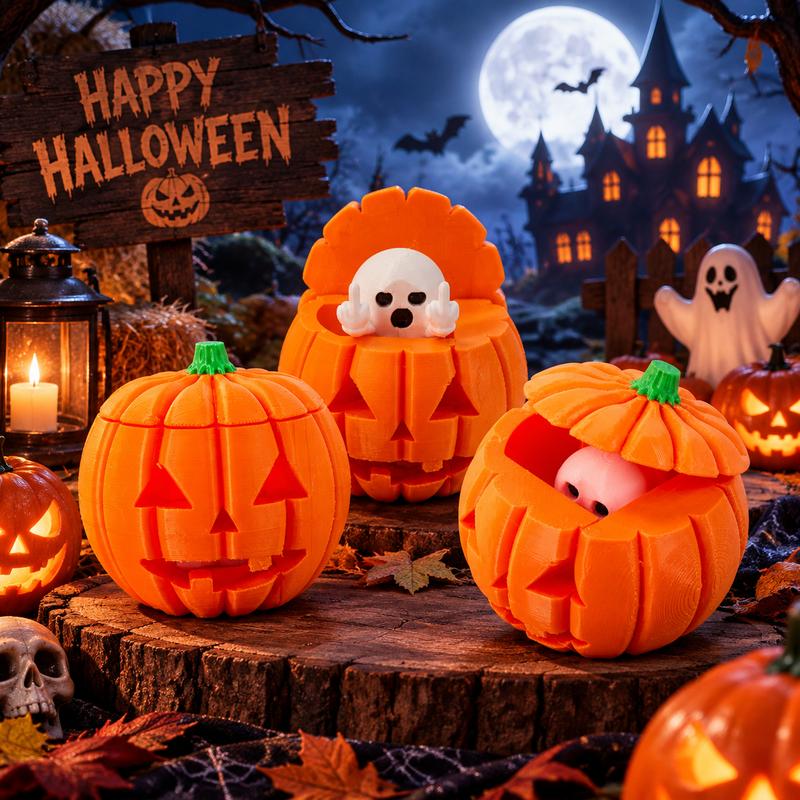 3D Printed Ghost Pumpkin Ornament – Flip-Top Halloween Decor