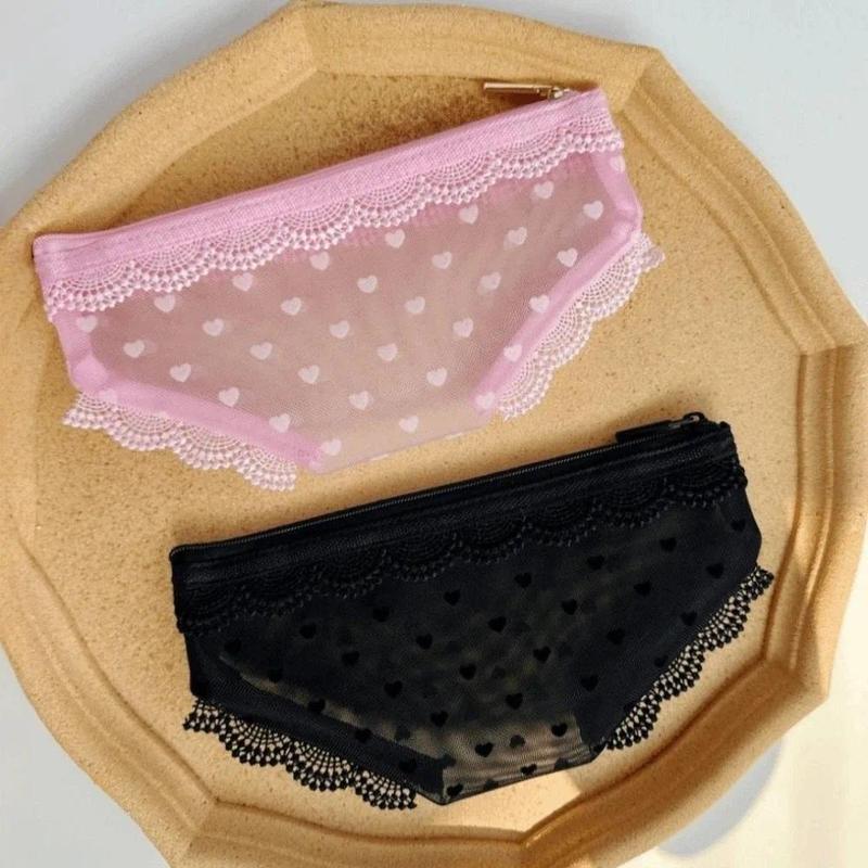 Y2K Panty-Shaped Mesh Makeup Bag – Lace Heart Cosmetic Pouch