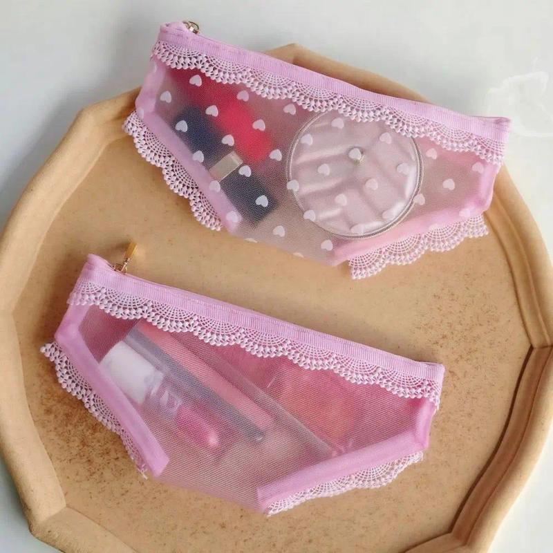 Y2K Panty-Shaped Mesh Makeup Bag – Lace Heart Cosmetic Pouch