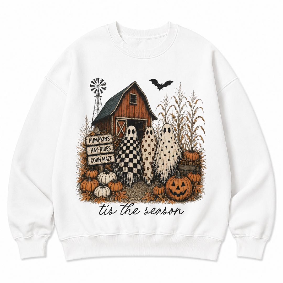 Vintage Ghost Pumpkin Farm Halloween Sweatshirt | Cozy Fall Crewneck | Cute Spooky Season Pullover