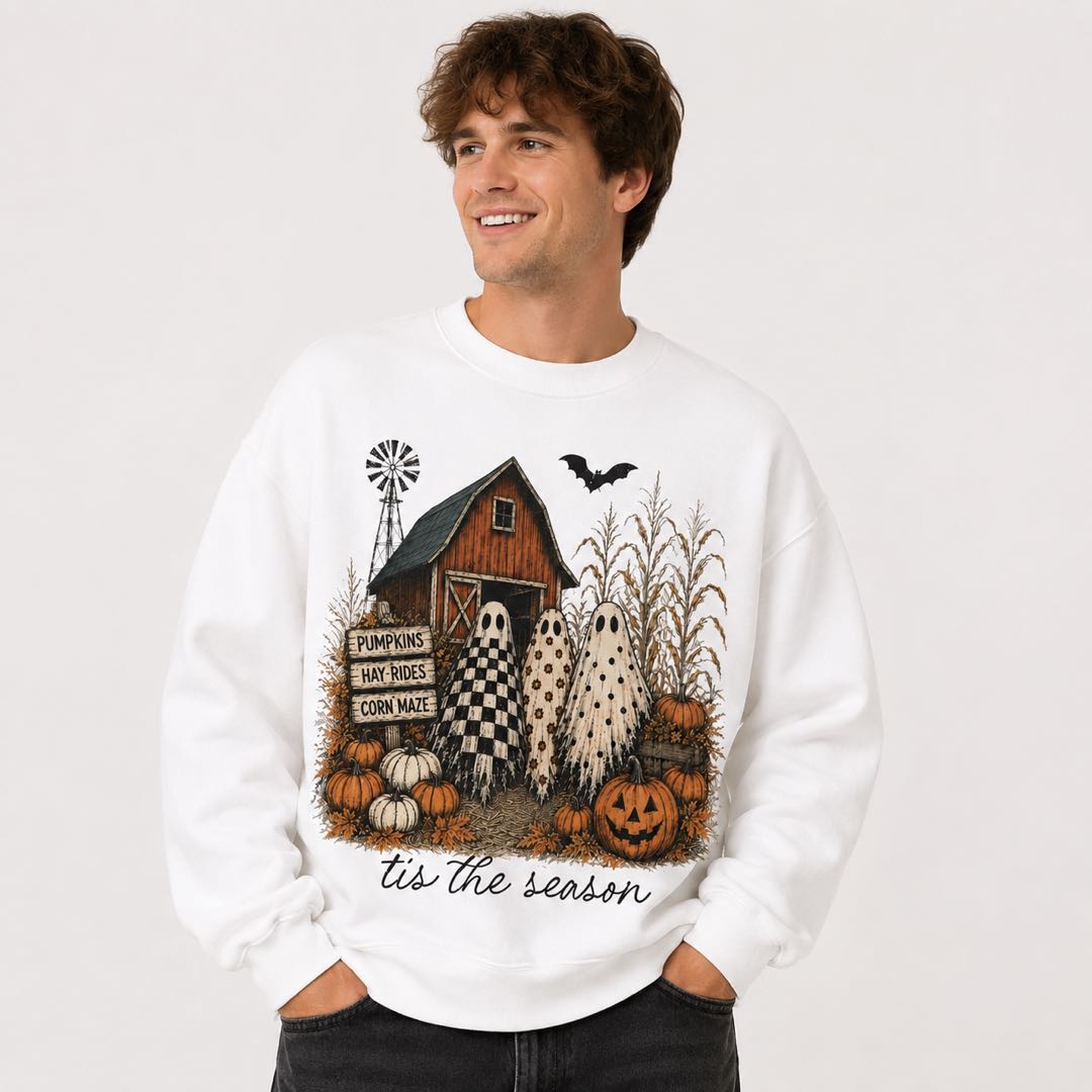 Vintage Ghost Pumpkin Farm Halloween Sweatshirt | Cozy Fall Crewneck | Cute Spooky Season Pullover