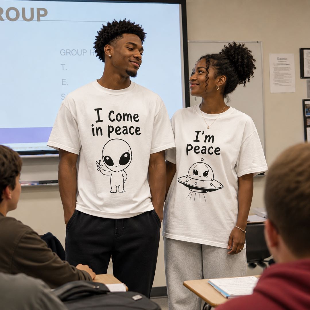 The cutest couple shirt set in the galaxy-I Come In Peace & I’m Peace Matching Couple T-Shirts – Funny Alien Couple Tee Set
