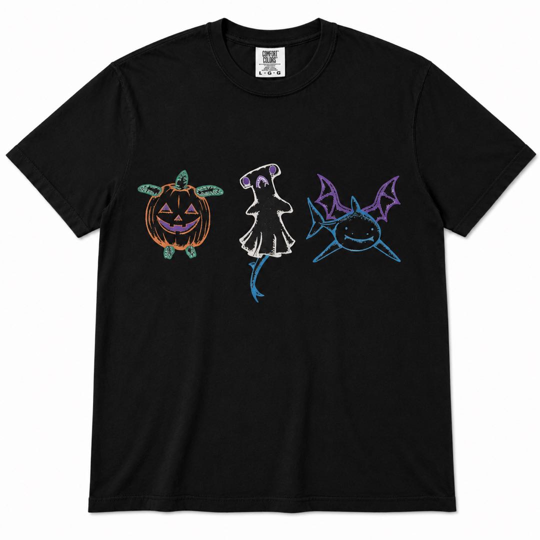 Cute Halloween Trio Graphic T-Shirt | Pumpkin Ghost Bat Shirt | Spooky Season Unisex Tee