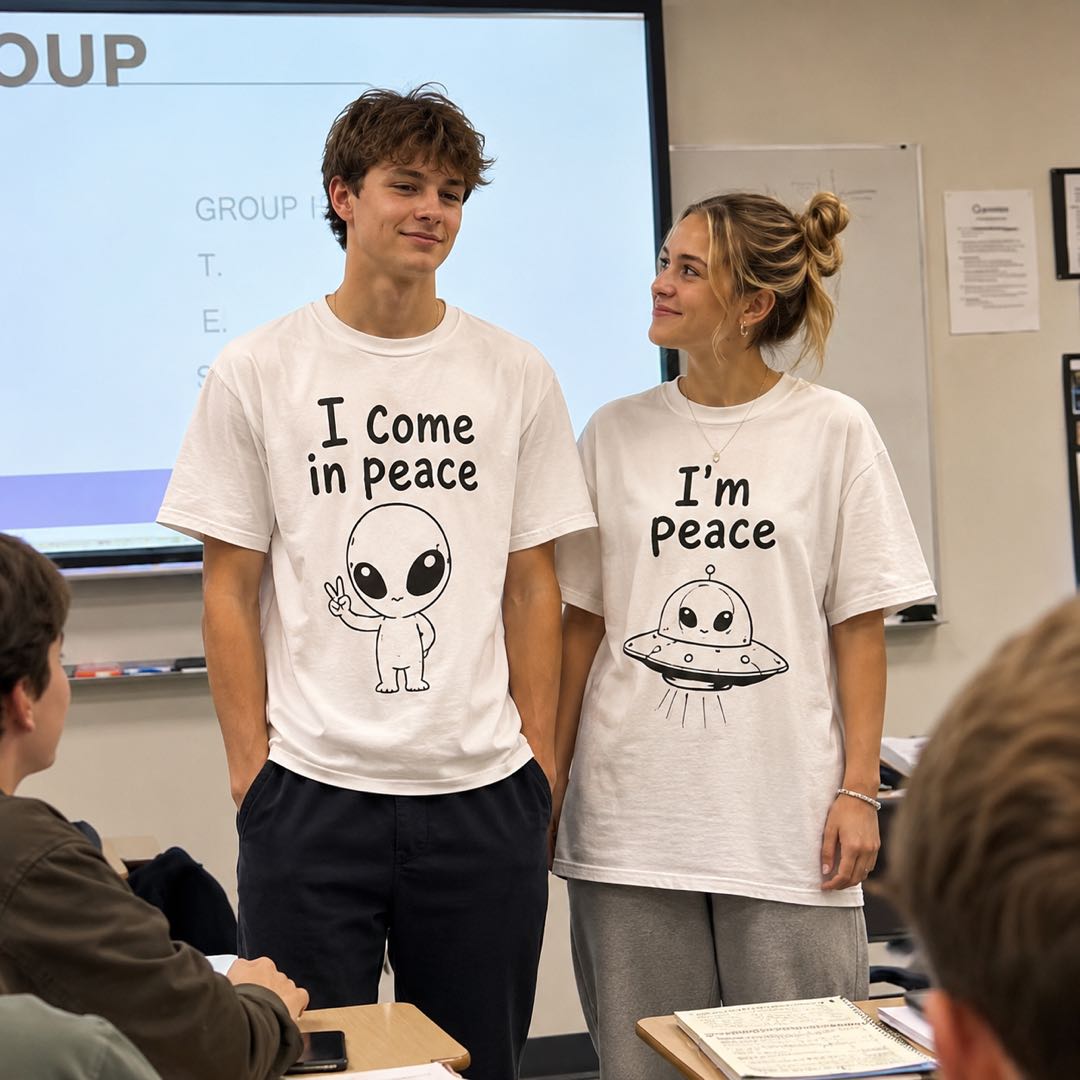 The cutest couple shirt set in the galaxy-I Come In Peace & I’m Peace Matching Couple T-Shirts – Funny Alien Couple Tee Set