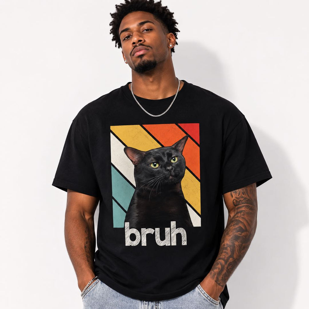 Bruh Black Cat Vintage Graphic Tee – Funny Cat Lover Meme T-Shirt Everyone Will Notice